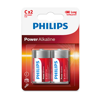 Philips Power Alkaline LR14 C Batteries 1.5V 2 Pack