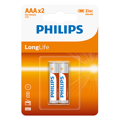 Philips Longlife Zinc AAA Batteries 1.5V 2 Pack