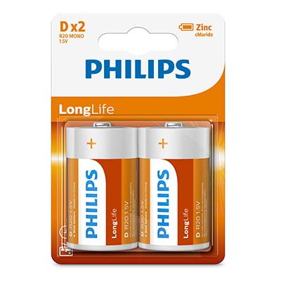 Philips Longlife Zinc D Batteries 1.5V 2 Pack