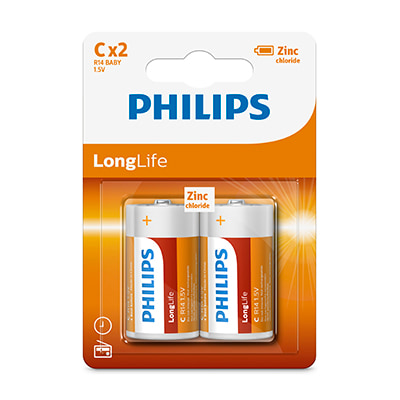 Philips Longlife Zinc C Batteries 1.5V 2 Pack