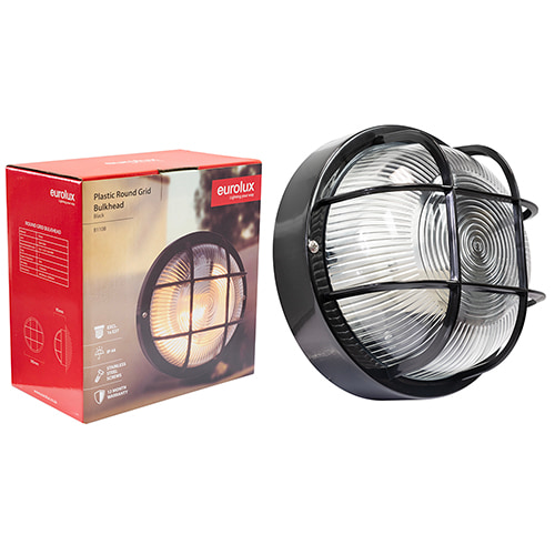 Round Plastic Grid Bulkhead 185mm Black E27