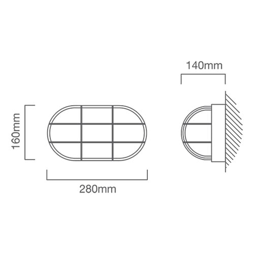 Oval Large Grid Bulkhead 280mm Black E27, Dimension drawing (CAD)