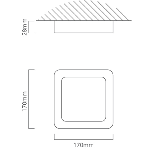 Square Ceiling Light 170mm White LED 4000K, Dimension drawing (CAD)