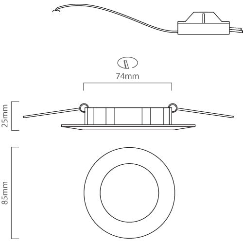 Panel Round Downlight 90mm Dia White LED 3W, Dimension drawing (CAD)