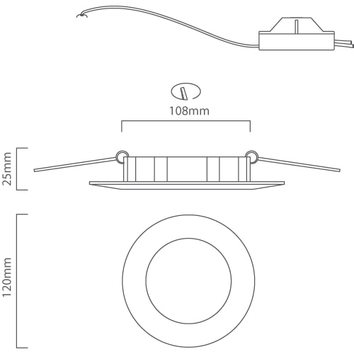 Panel Round Downlight 120mm Dia White LED 6W, Dimension drawing (CAD)