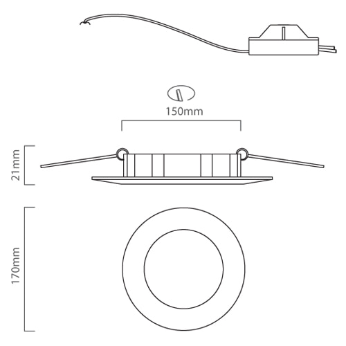 Panel Round Downlight 170mm Dia White LED 12W, Dimension drawing (CAD)