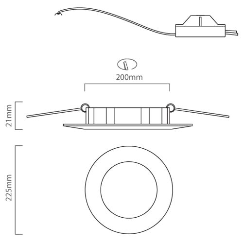 Panel Round Downlight 225mm Dia White LED 18W, Dimension drawing (CAD)