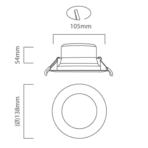 Round Downlight 138mm Dia White LED 15W CCT, Dimension drawing (CAD)