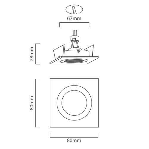 CNC Square Downlight 80mm Dia Aluminium, Dimension drawing (CAD)