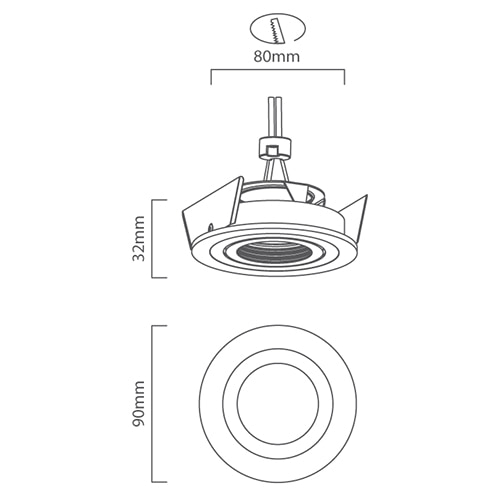 CNC Tilt Round Downlight 90mm Dia Aluminium, Dimension drawing (CAD)
