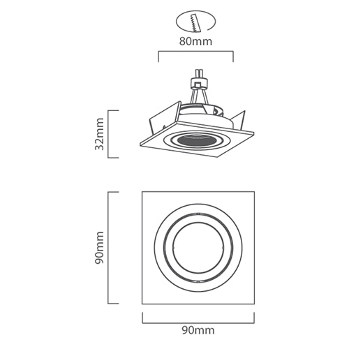 CNC Tilt Square Downlight 90mm Dia Aluminium, Dimension drawing (CAD)