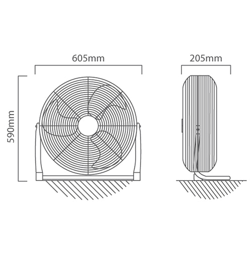 Industrial Floor Fan 3 Blades Chrome Motor Power 120W, Dimension drawing (CAD)
