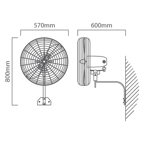 Hurricane Wall Fan 2 Blades Silver Motor Power 130W, Dimension drawing (CAD)