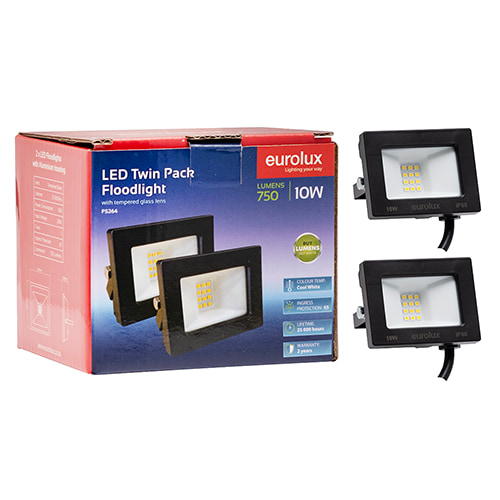 LED 10W Floodlight Black 4000K Twin Pack