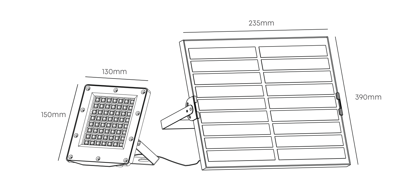 Solar LED 12W Floodlight 1500lm 6500K, Dimension drawing