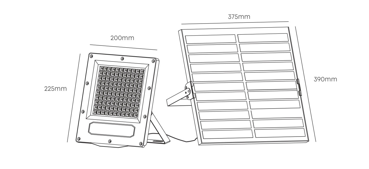 Solar LED 23W Floodlight 3000lm 6500K, Dimension drawing