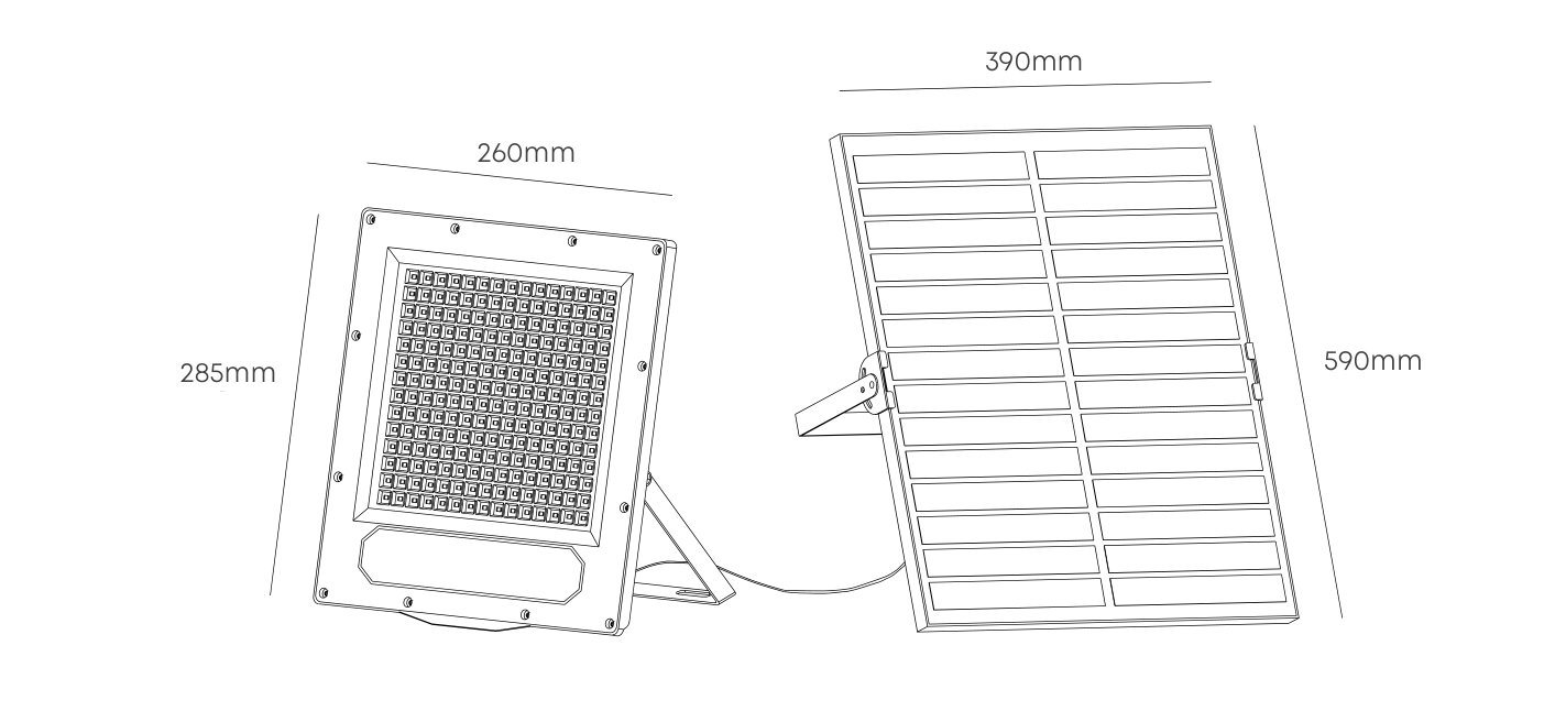 Solar LED 31W Floodlight 4000lm 6500K, Dimension drawing