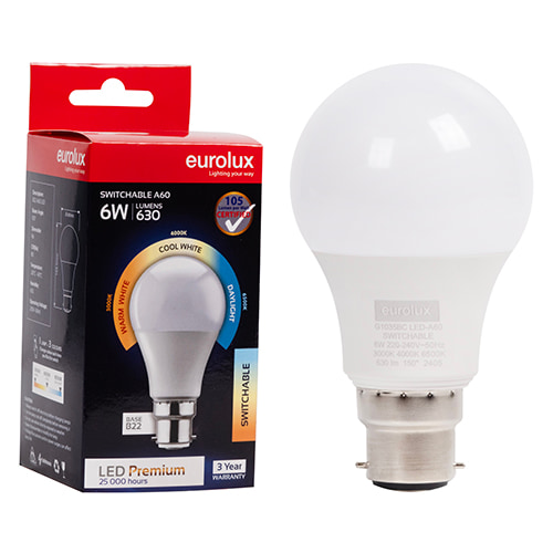 A60 Premium Switchable 6W LED B22 105 lm/W