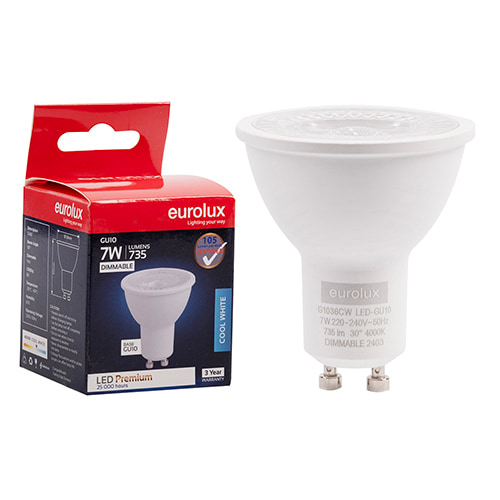 GU10 Premium Clear Lens 7W LED 4000K Dimmable 105 lm/W