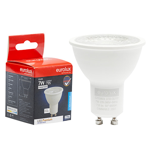 GU10 Premium Clear Lens 7W LED 6500K Dimmable 105 lm/W