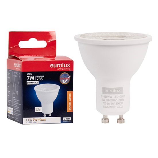 GU10 Premium Clear Lens 7W LED 3000K Dimmable 105 lm/W
