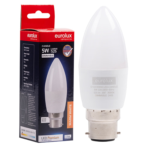 Candle Premium 5W LED B22 3000K Dimmable 105 lm/W