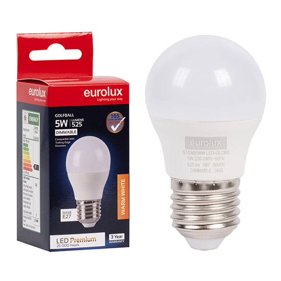 Golfball Premium 5W LED E27 3000K Dimmable 105 lm/W