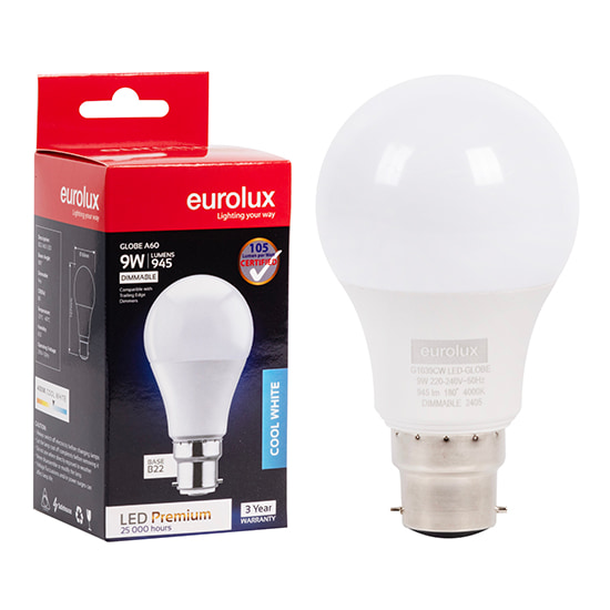 A60 Premium 9W LED B22 4000K Dimmable 105 lm/W