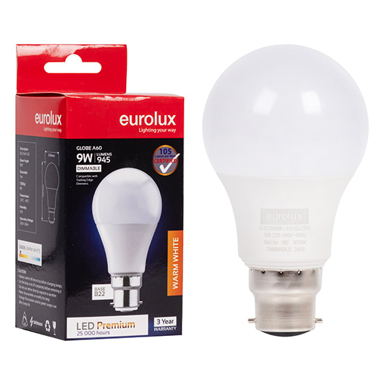 A60 Premium 9w LED B22 3000K Dimmable 105 lm/W