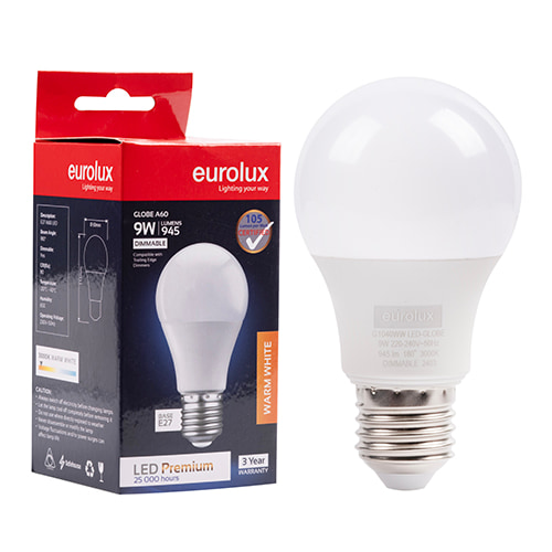 A60 Premium 9W LED E27 3000K Dimmable 105 lm/W