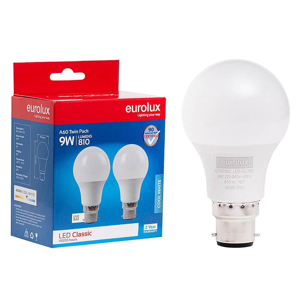A60 Classic 9W LED B22 4000K Twin Pack Box N