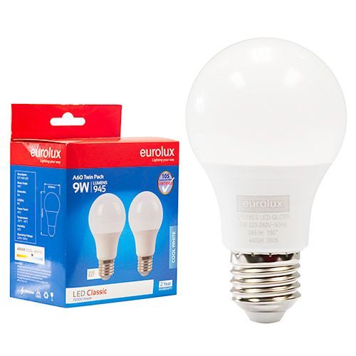A60 Classic 9W LED E27 4000K Twin Pack Box N