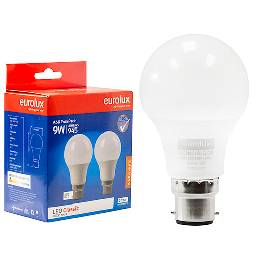 A60 Classic 9W LED B22 3000K Twin Pack Box 105 lm/W