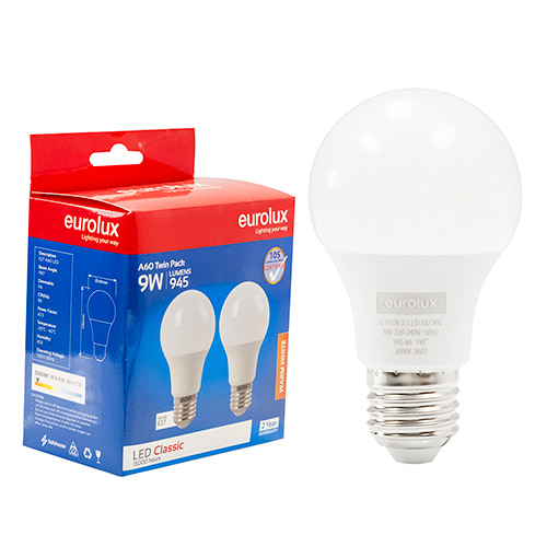 A60 Classic 9W LED E27 3000K Twin Pack Box 105 lm/W