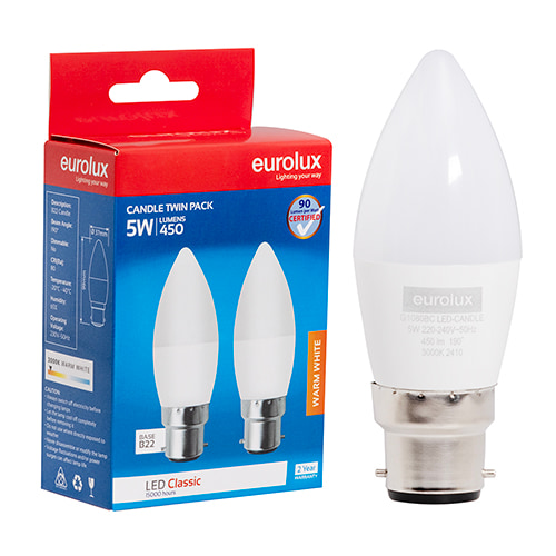 Candle Classic 5W LED B22 3000K Twin Pack Box 105 lm/W