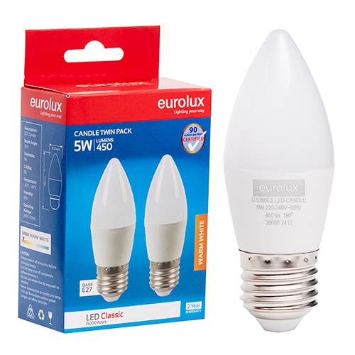 Candle Classic 5W LED E27 3000K Twin Pack Box 105 lm/W