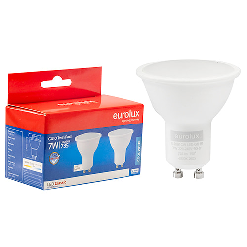 GU10 Classic Frosted Lens 7W LED 4000K Twin Pack Box 105 lm/W
