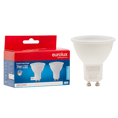 GU10 Classic Frosted Lens 7W LED 6500K Twin Pack Box 105 lm/W