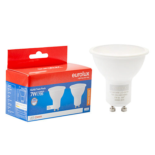 GU10 Classic Frosted Lens 7W LED 3000K Twin Pack Box 105 lm/W