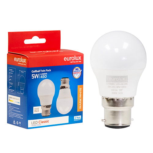 Golfball Classic 5W LED B22 3000K Twin Pack Box N