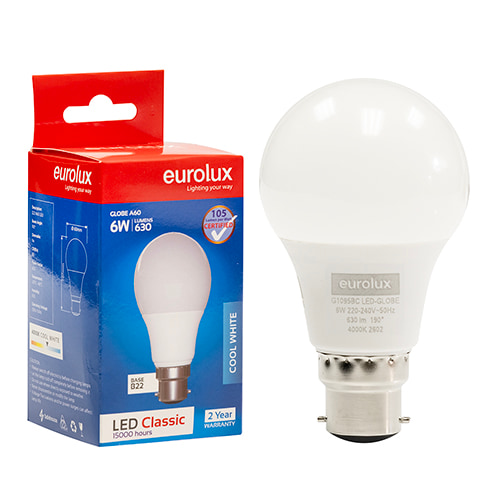 A60 Classic 6W LED B22 4000K Single 105 lm/W