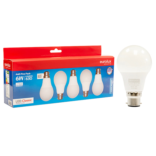 A60 Classic 6W LED B22 4000K 5 Pack 105 lm/W