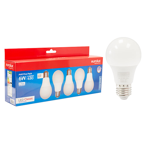 A60 Classic 6W LED E27 4000K 5 Pack 105 lm/W