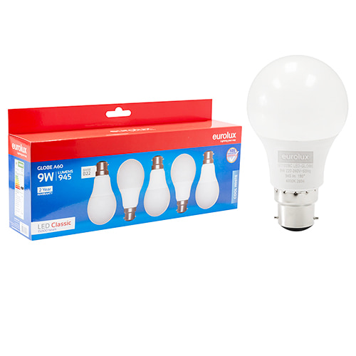 A60 Classic 9W LED B22 4000K 5 Pack 105 lm/W