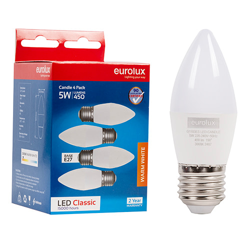 Candle Classic 5W LED E27 3000K 4 Pack 105 lm/W