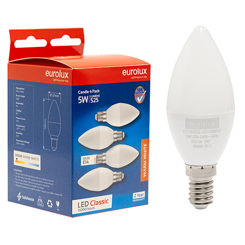 Candle Classic 5W LED E14 3000K 4 Pack 105 lm/W