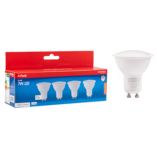 GU10 Classic Frosted Lens 7W LED 3000K 4 Pack 105 lm/W