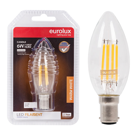 Candle Filament 6W LED B15 3000K Dimmable Blister 105 lm/W