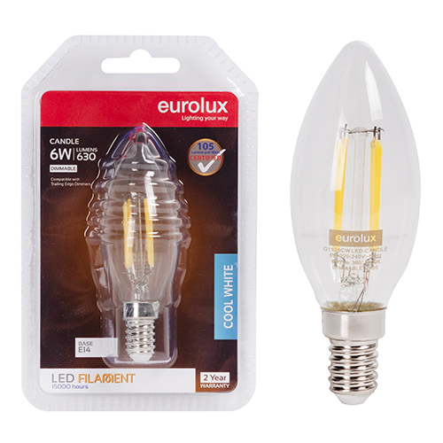Candle Filament Clear 6W LED E14 4000K Dimmable 105 lm/W
