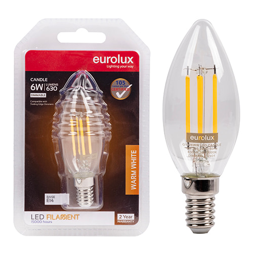 Candle Filament Clear 6W LED E14 3000K Dimmable Blister 105 lm/W